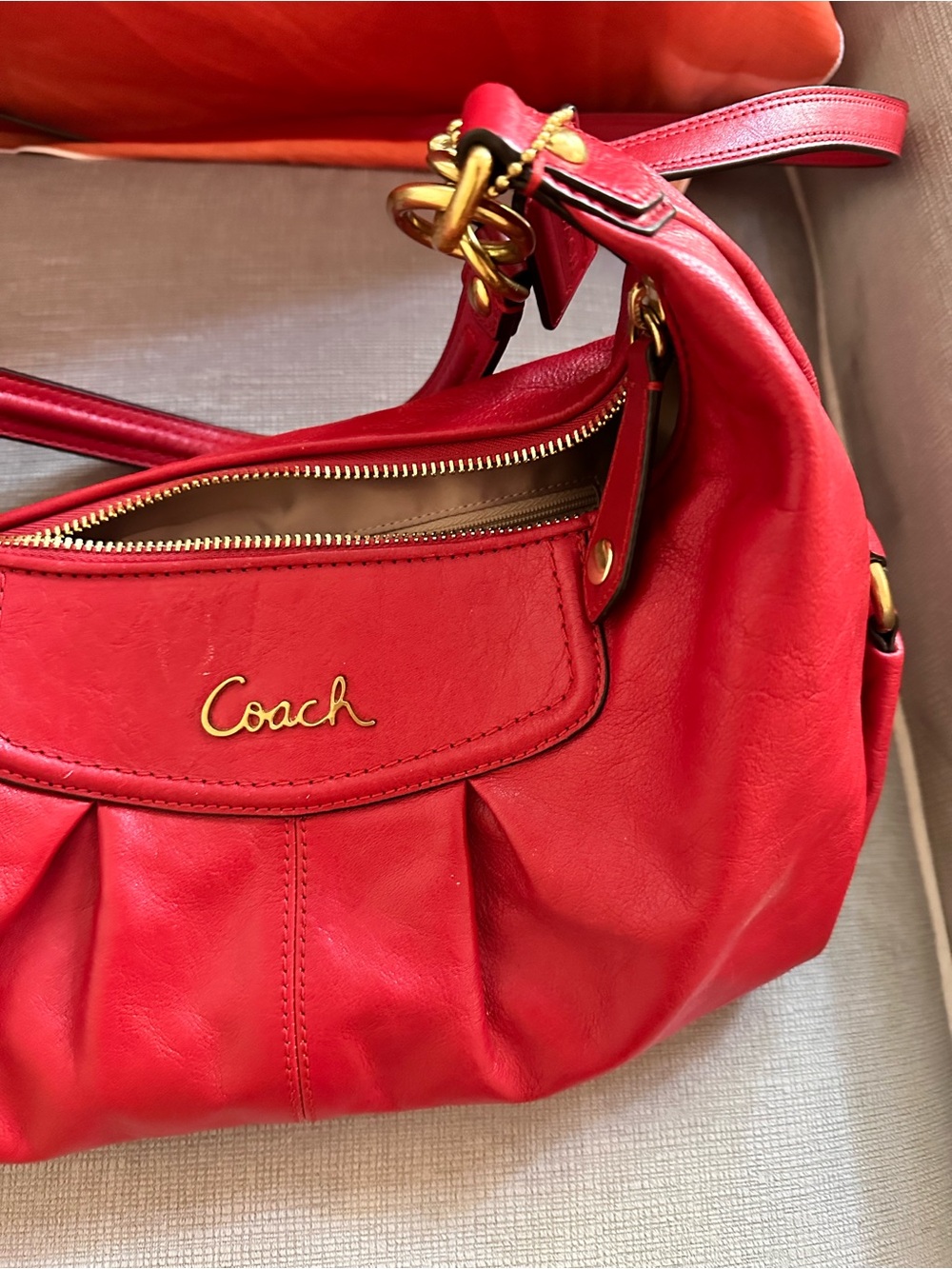 Coach Red Leather Hobo Shoulder Bag with Gold Hardware